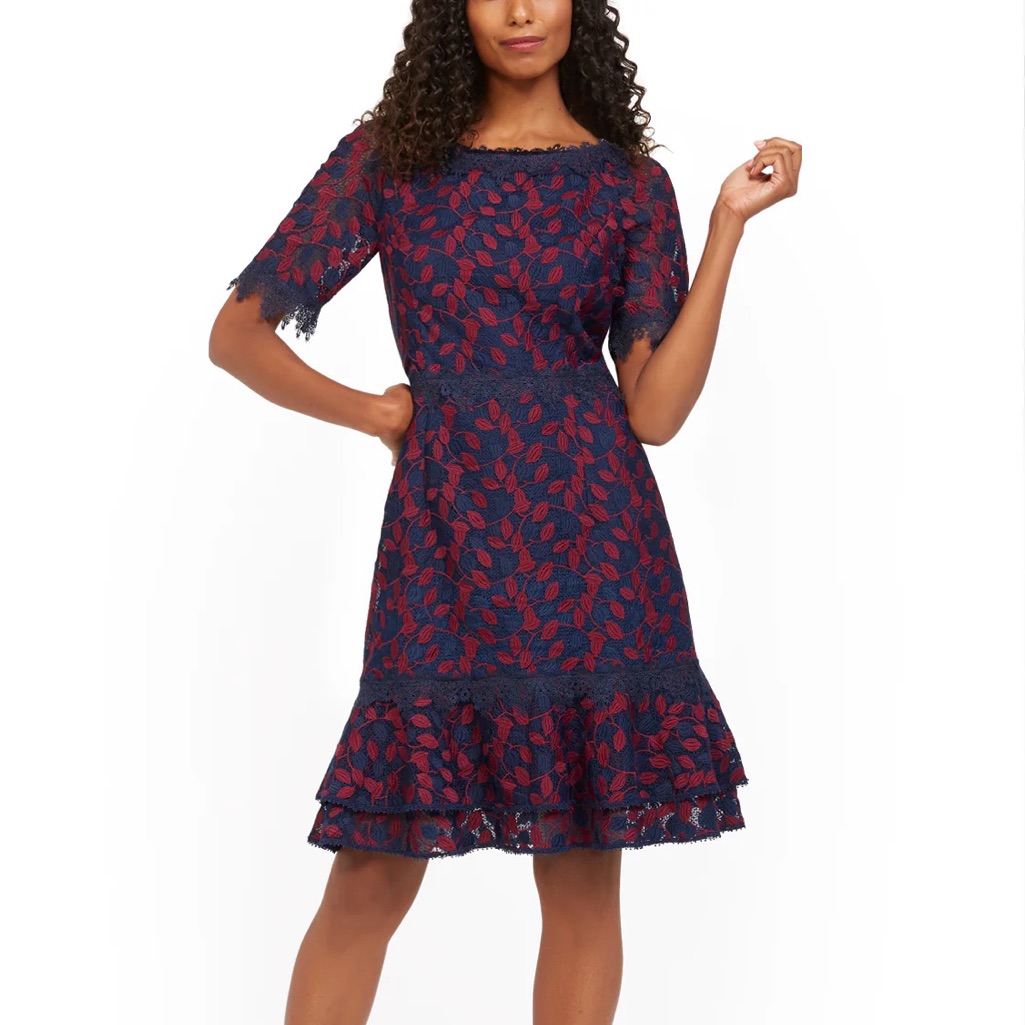 Shani $360 Laser Cut Embroidery Lace Two Tone Fit And Flare Midi Dress Nwot